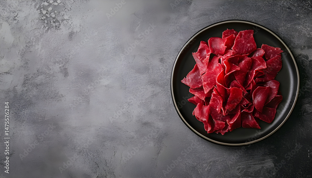 Plate with tasty bresaola on grey table. Space for text