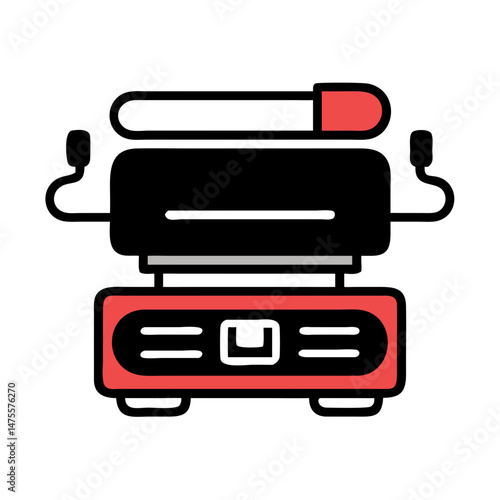 Minimalist Printer Icon: Black Background, Red and Gray Elements
