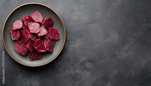 Plate with tasty bresaola on grey table. Space for text