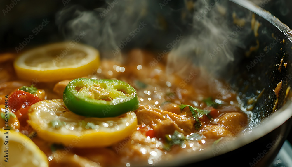 Full Spicy Chicken Karahi topping with green chilli tomato ginger and lemon slice close shot, Chicken handi, boneless handi
