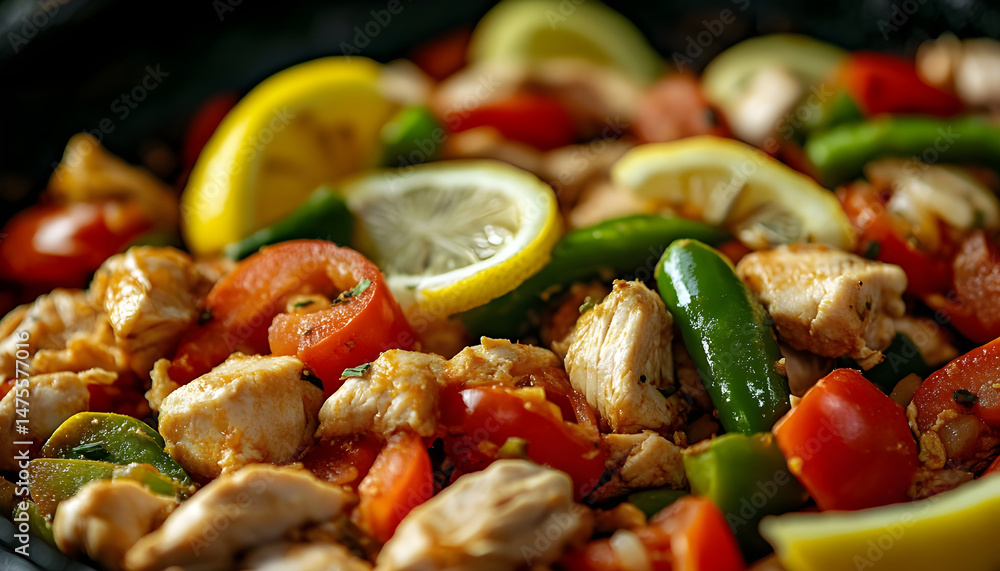 Full Spicy Chicken Karahi topping with green chilli tomato ginger and lemon slice close shot, Chicken handi, boneless handi