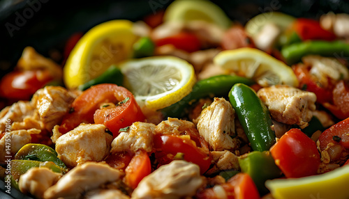 Full Spicy Chicken Karahi topping with green chilli tomato ginger and lemon slice close shot, Chicken handi, boneless handi