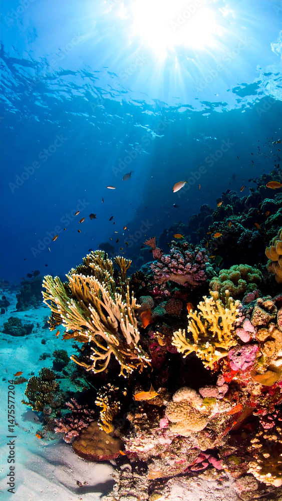 Obraz premium Vibrant coral reef teeming with life, illuminated by sun rays breaking through the azure water. Symbol of ocean beauty, biodiversity and underwater adventures.