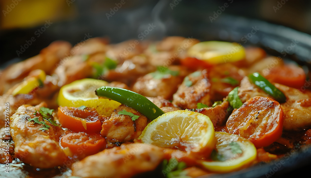 Full Spicy Chicken Karahi topping with green chilli tomato ginger and lemon slice close shot, Chicken handi, boneless handi