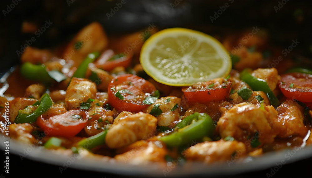 Full Spicy Chicken Karahi topping with green chilli tomato ginger and lemon slice close shot, Chicken handi, boneless handi