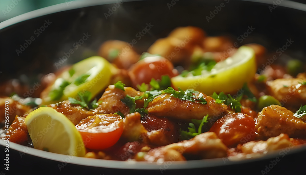 Full Spicy Chicken Karahi topping with green chilli tomato ginger and lemon slice close shot, Chicken handi, boneless handi
