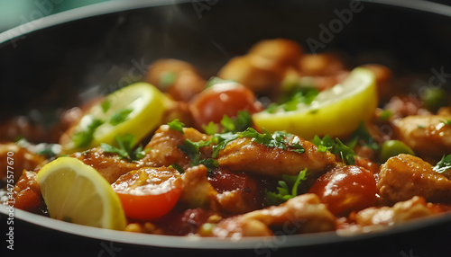 Obraz na płótnie Full Spicy Chicken Karahi topping with green chilli tomato ginger and lemon slice close shot, Chicken handi, boneless handi w salonie