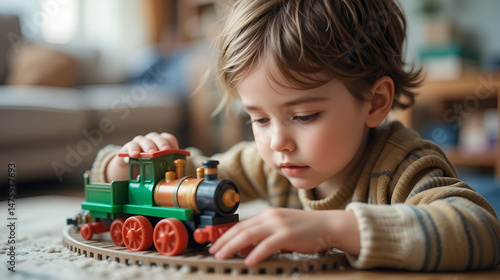 Autistic child playing toy train focused playtime