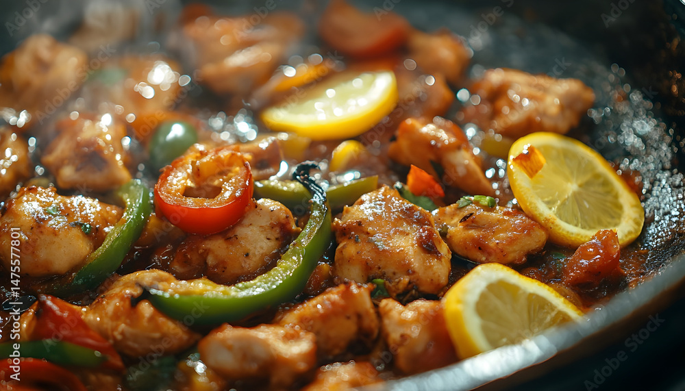 Full Spicy Chicken Karahi topping with green chilli tomato ginger and lemon slice close shot, Chicken handi, boneless handi