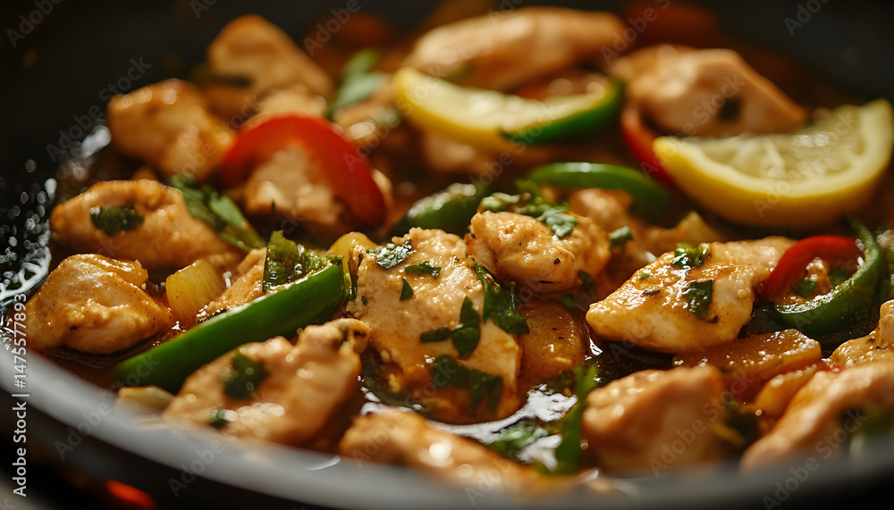 Full Spicy Chicken Karahi topping with green chilli tomato ginger and lemon slice close shot, Chicken handi, boneless handi