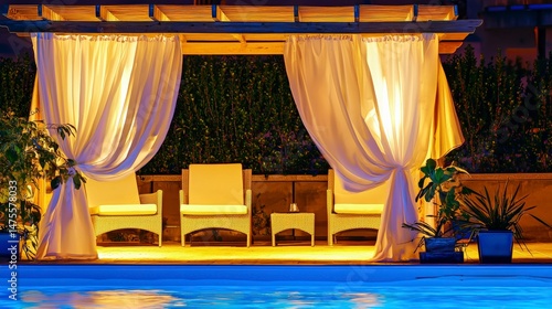 Tranquil Poolside Cabana with Draped White Curtains and Plants