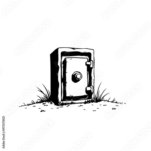 Solitary cartoon safe standing among grass patch illustration, isolated drawing