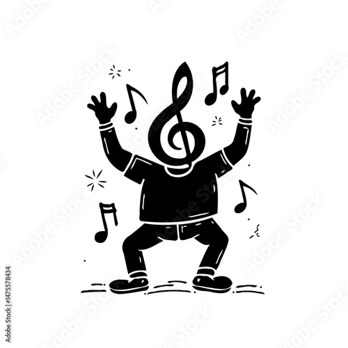 Whimsical music character dancing with glee and a treble clef head