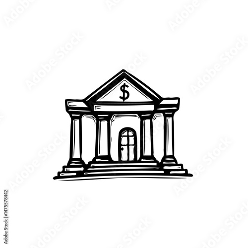 Stylized Bank Facade Illustration with Strong Architectural Design Features