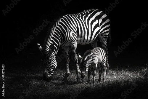 Zebra mother and baby grazing peacefully on lush grass in a wildlife setting during golden hour, Zebra mother and baby grazing on grass at wildlife park