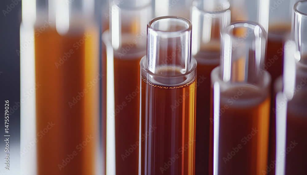 Test tubes with brown liquid, closeup view