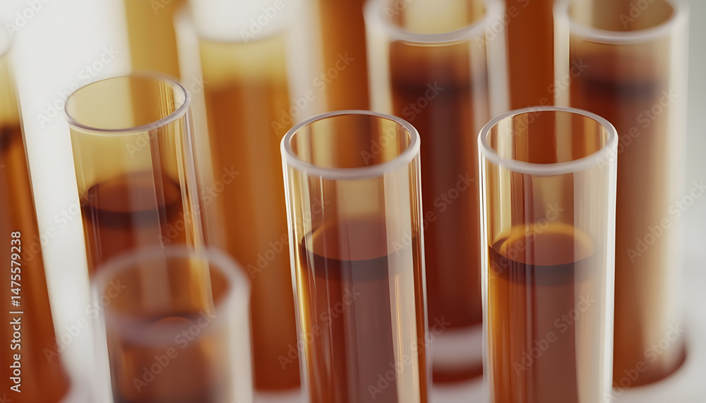 Test tubes with brown liquid, closeup view