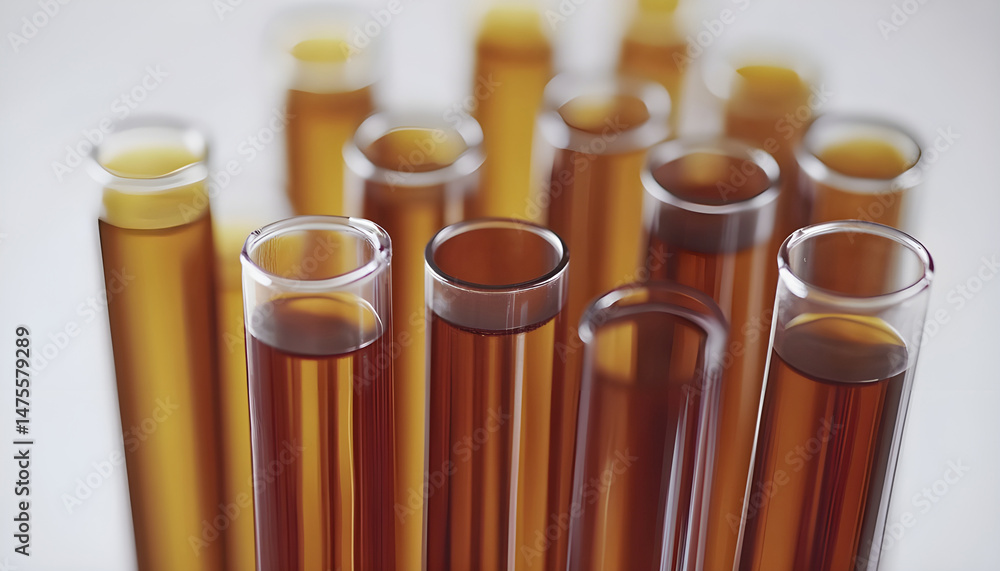 Test tubes with brown liquid, closeup view