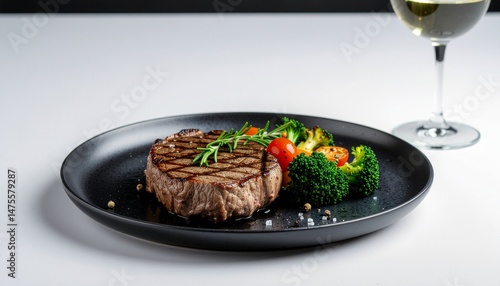 rump steak with vegetables on a black plate