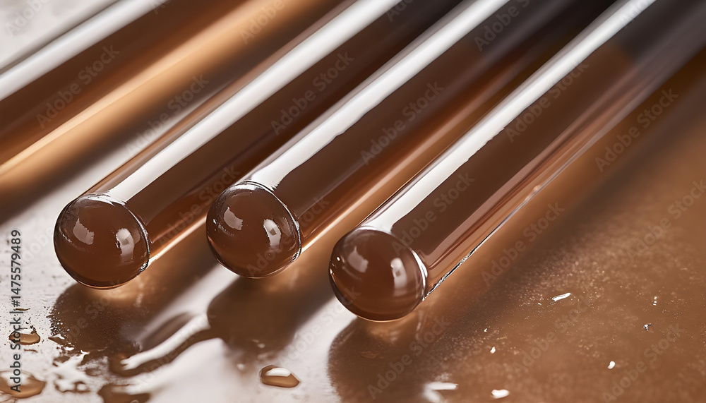 Test tubes with brown liquid, closeup view