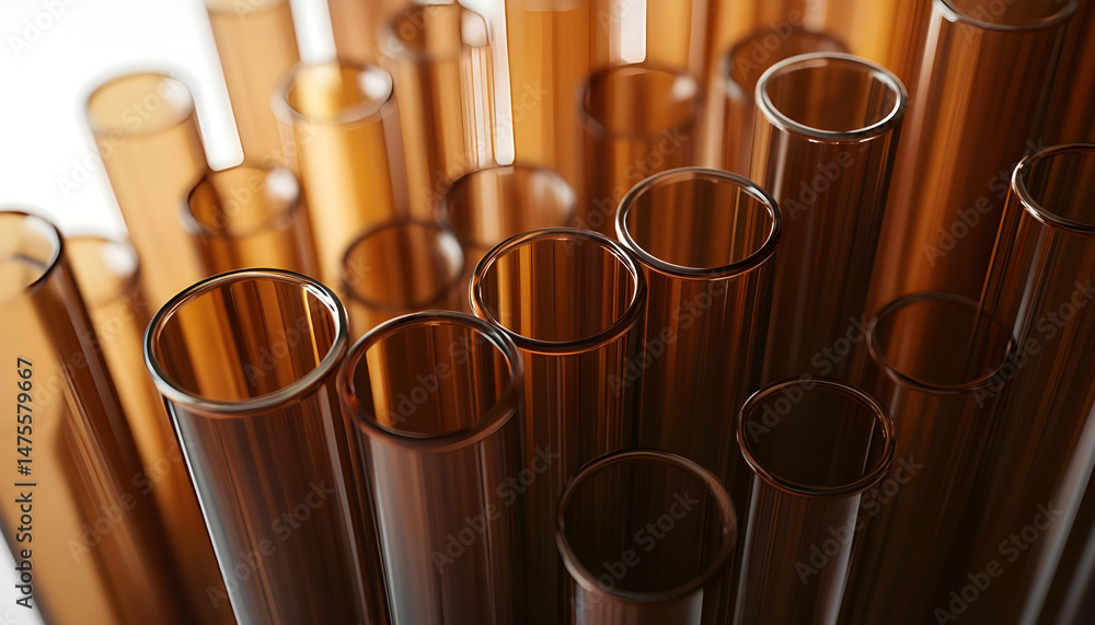 Test tubes with brown liquid, closeup view