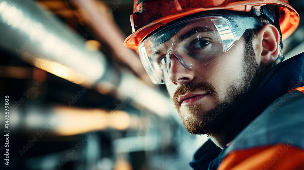 A construction worker in a hard hat and safety glasses looks toward the camera. A construction worker in a hard hat and safety glasses looks toward the camera.