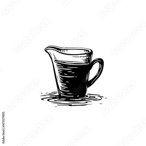 Monochromatic ink sketch of a classic creamer jug with liquid surface effect