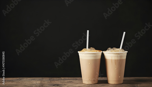 Refreshing iced coffee with milk in takeaway cups on wooden table against black background, space for text