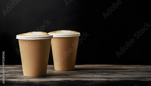 Refreshing iced coffee with milk in takeaway cups on wooden table against black background, space for text