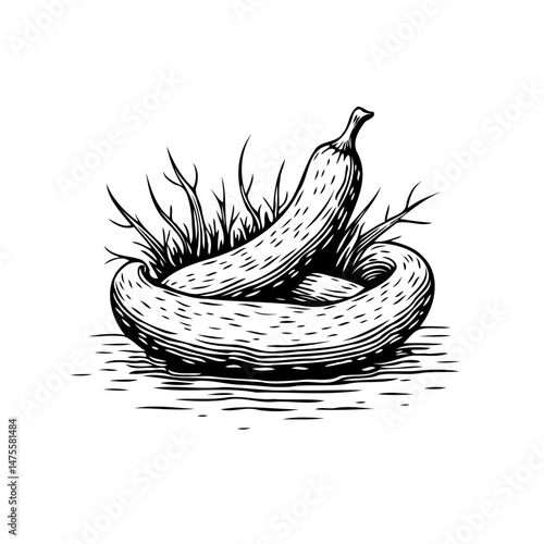 Monochrome artwork depicting a curious banana composition with fine hatching