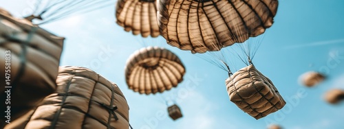 Aerial Humanitarian Aid Drop Over Conflict Zone With Parachutes Delivering Relief Supplies From Air Against Clear Blue Sky