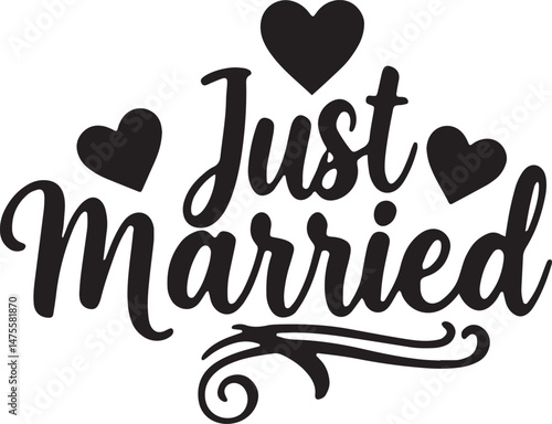 Vintage Just Married Calligraphy Design: Elegant Hand-Drawn Typography with Romantic Floral Accents, Perfect for Wedding Invitations, Marriage Celebrations, Greeting Cards, and Honeymoon Decorations, 