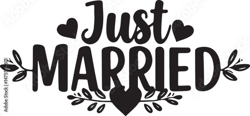 Vintage Just Married Calligraphy Design: Elegant Hand-Drawn Typography with Romantic Floral Accents, Perfect for Wedding Invitations, Marriage Celebrations, Greeting Cards, and Honeymoon Decorations, 