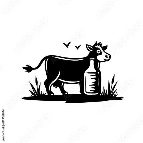 Stylized monochrome depiction of a cow with milk bottle for branding concept