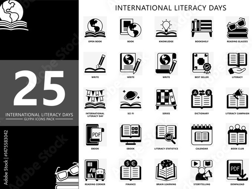 International literacy day glyph icons set. Contain book, write, knowledge, best seller, calendar, e-book, reading corner, book club and more. Vector for education, UI, UX kit, web and app development