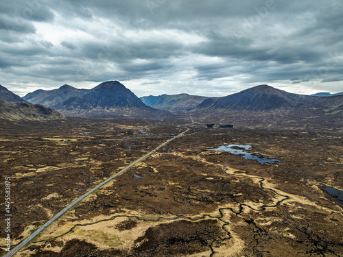 Rannoch Moor from a drone over Loch Ba and Loch of the Armpit, A82 Highland Way, Argyll and Bute, West Highlands, Scotland