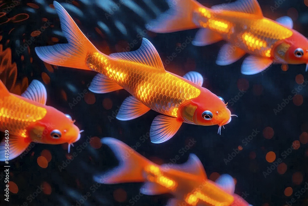 Fototapeta premium Koi Fish Swim Gracefully in Clear Water Pond