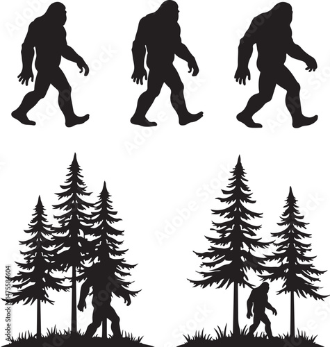 bigfoot silhouette clipart – sasquatch and cryptid vector bundle, mysterious bigfoot silhouettes – forest legend svg cut files, sasquatch and bigfoot vector art
