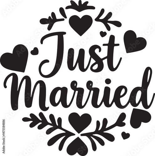 Vintage Just Married Calligraphy Design: Elegant Hand-Drawn Typography with Romantic Floral Accents, Perfect for Wedding Invitations, Marriage Celebrations, Greeting Cards, and Honeymoon Decorations, 