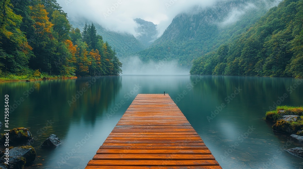 Serene lake view with wooden dock, surrounded by lush forests and misty mountains Serene lake view with wooden dock, surrounded by lush forests and misty mountains