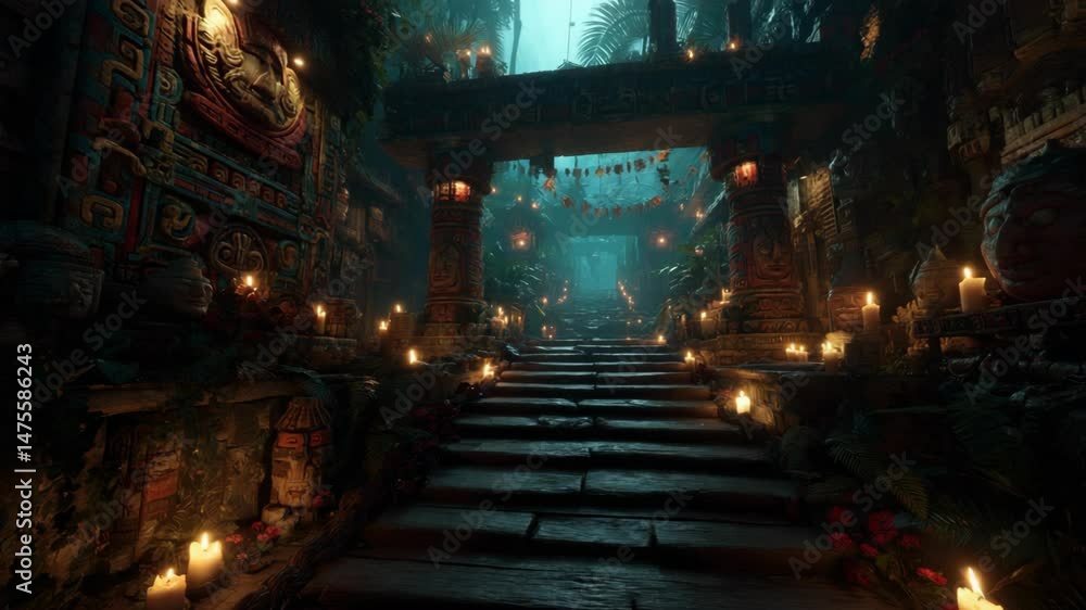 ancient fantasy Mayan city with candle along the steps passage with misty fog drifting around ancient fantasy Mayan city with candle along the steps passage with misty fog drifting around