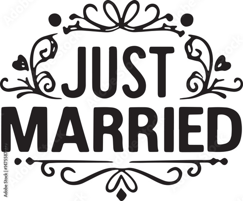 Vintage Just Married Calligraphy Design: Elegant Hand-Drawn Typography with Romantic Floral Accents, Perfect for Wedding Invitations, Marriage Celebrations, Greeting Cards, and Honeymoon Decorations, 