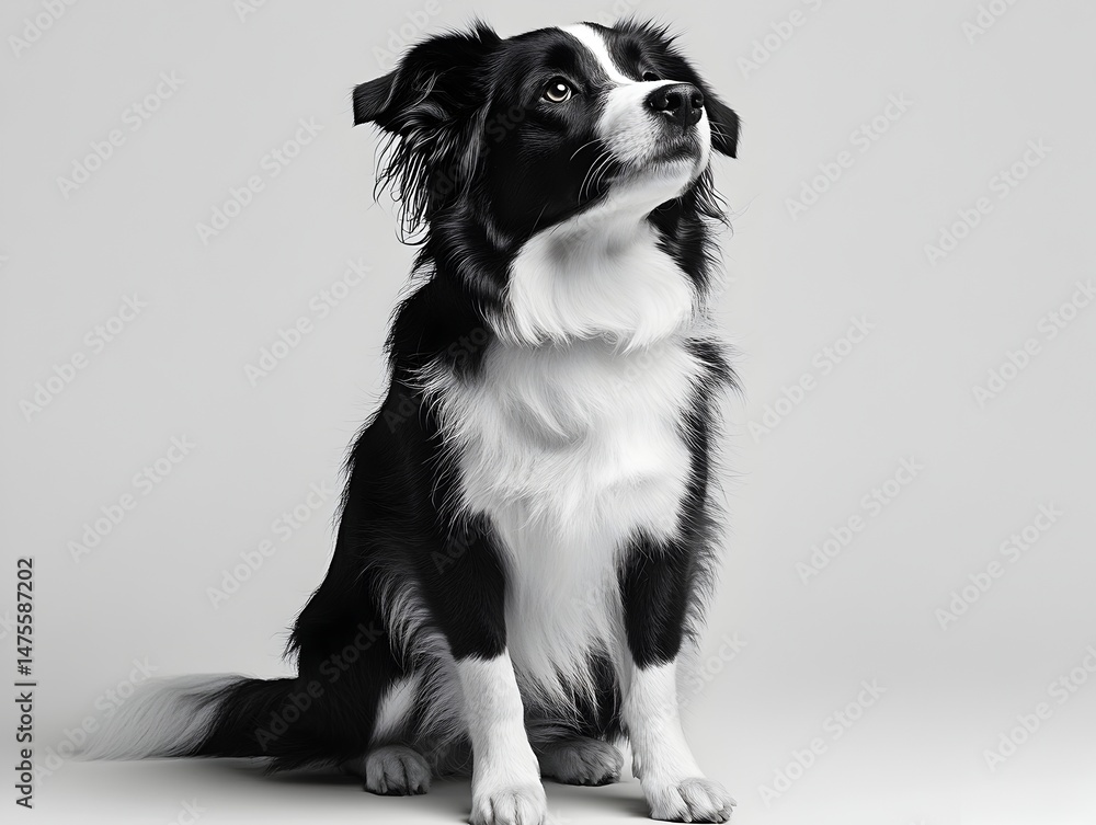Fototapeta premium A beautiful black and white Border Collie dog sits attentively gazing upward against a plain grey background.