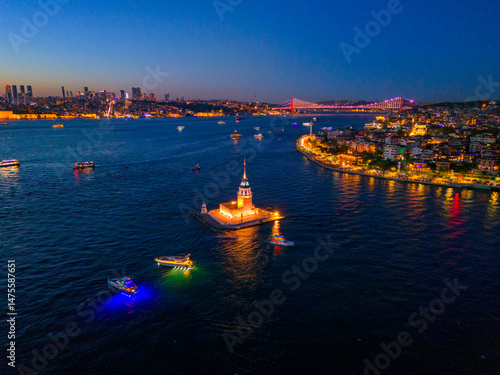 Aerial view of illuminated Maiden's Tower at Istanbul's Bosphorus at twilight. An aerial shot of the Maidens Tower (Kiz Kulesi) in istanbul, Turkey, at twilight. Turkiye travel night romantic tour