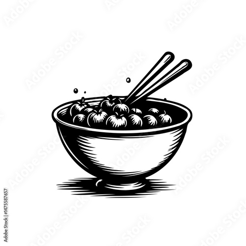 Graphic vector illustration of bowl with fruits and chopsticks in dark lines