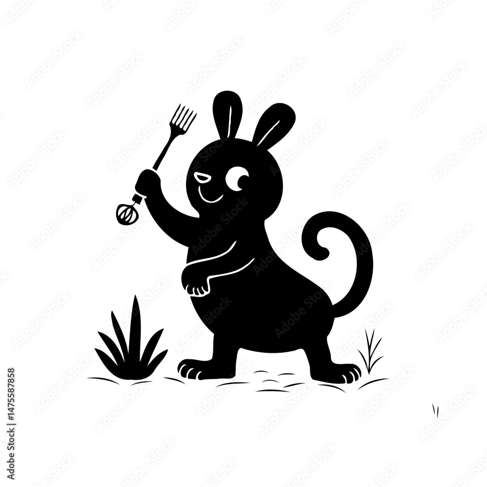 Whimsical rabbit silhouette wielding a fork, standing amidst grassy tufts Whimsical rabbit silhouette wielding a fork, standing amidst grassy tufts