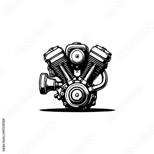 Monochrome illustration showcasing a detailed motorcycle engine component