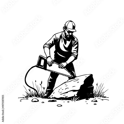 Illustrative depiction of a manual worker sawing rock with intense focus and effort