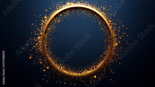 Golden circle with sparkling particles on a dark blue backdrop creates an elegant, festive feel