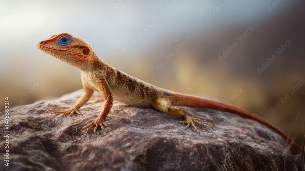 A red, blue, and white lizard, an African agamid lizard with a red head, blue body, and white belly, perched on a rock
A red, blue, and white lizard, an African agamid lizard with a red head, blue body, and white belly, perched on a rock